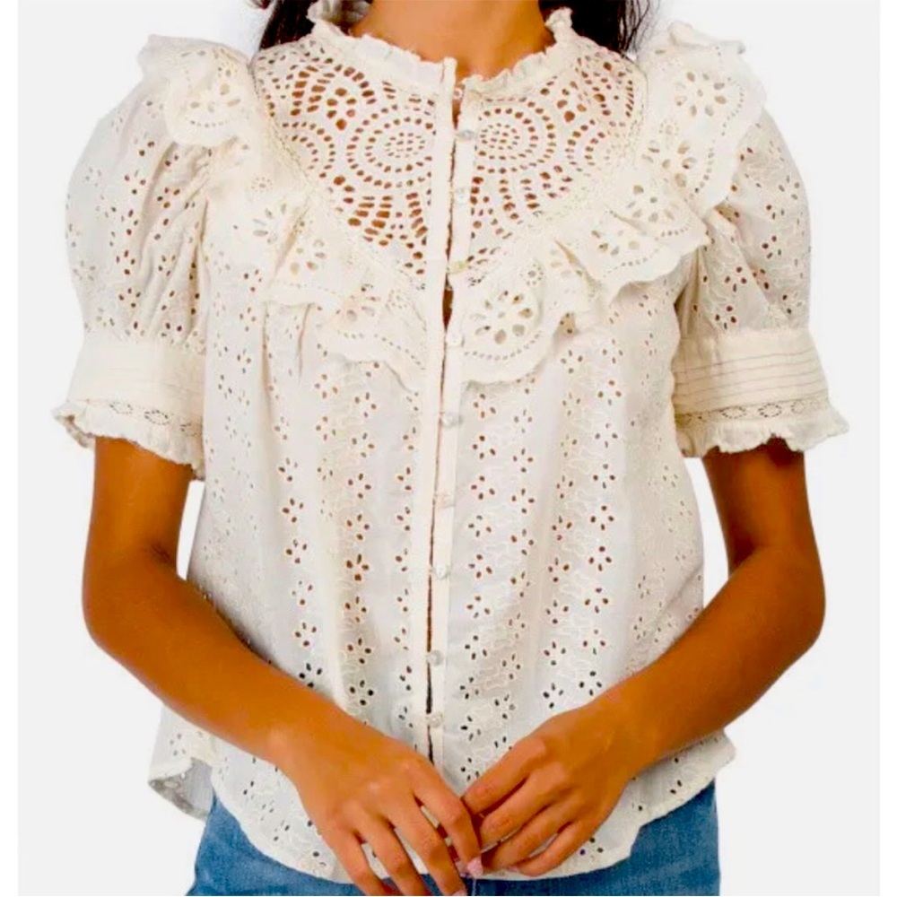 Chic Love the Label for Anthropology White Eyelet Blouse with Ruffled Details